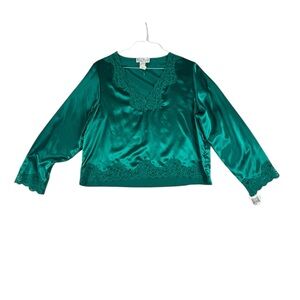 Vintage Val Mode Satin Lace Trim Blouse Emerald Green Long Sleeve Top Size Large